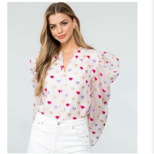 THML Colorful Heart Puff Sleeve Tie Front Top